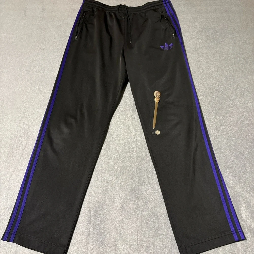 Adidas Track Pants Mens L Black Wide Leg Y2K Vintage Pull-On Drawstring Stain